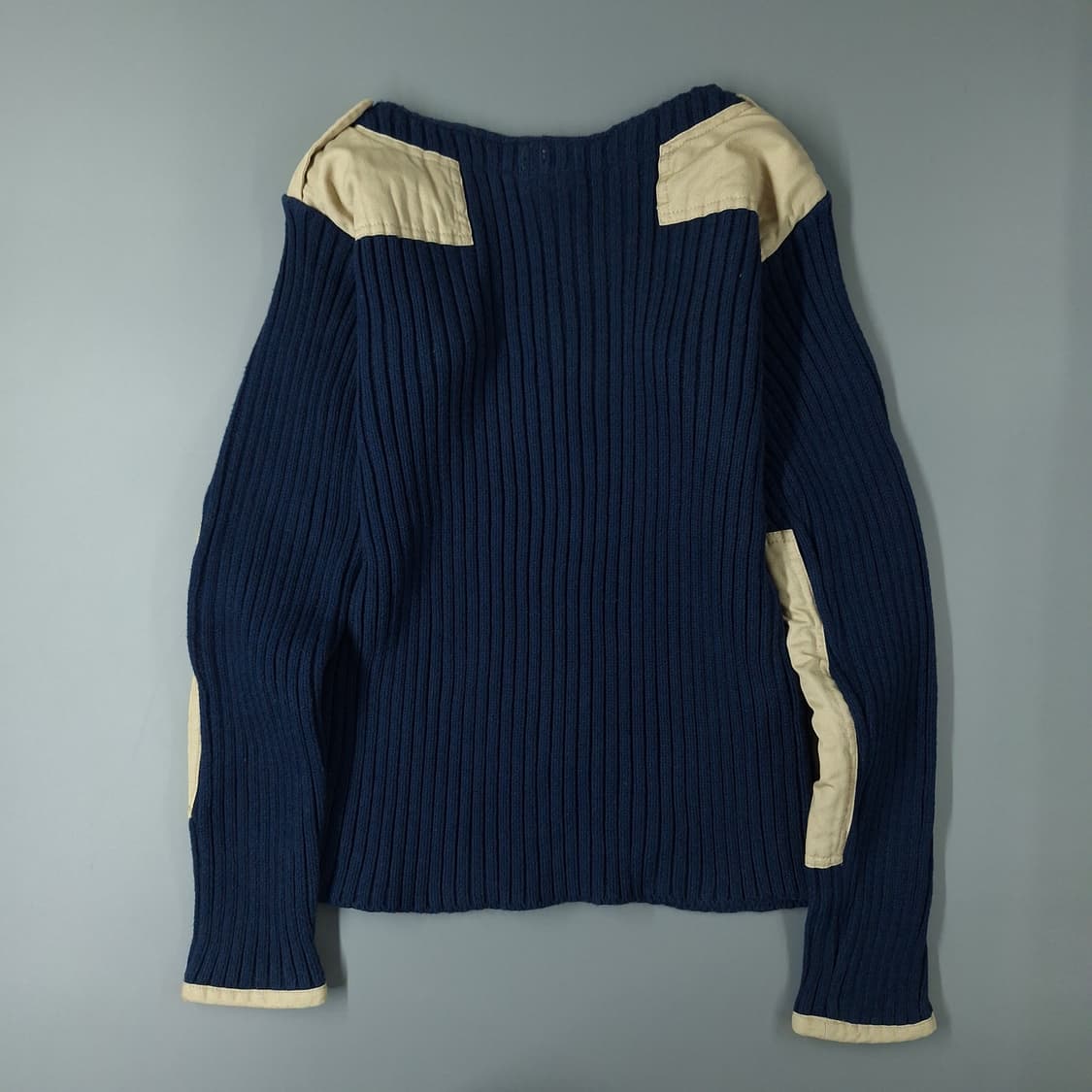 빔즈 보이 블루 아이보리 배색 아메카지 라운드넥 골지 코만도 니트 S 상품이미지3