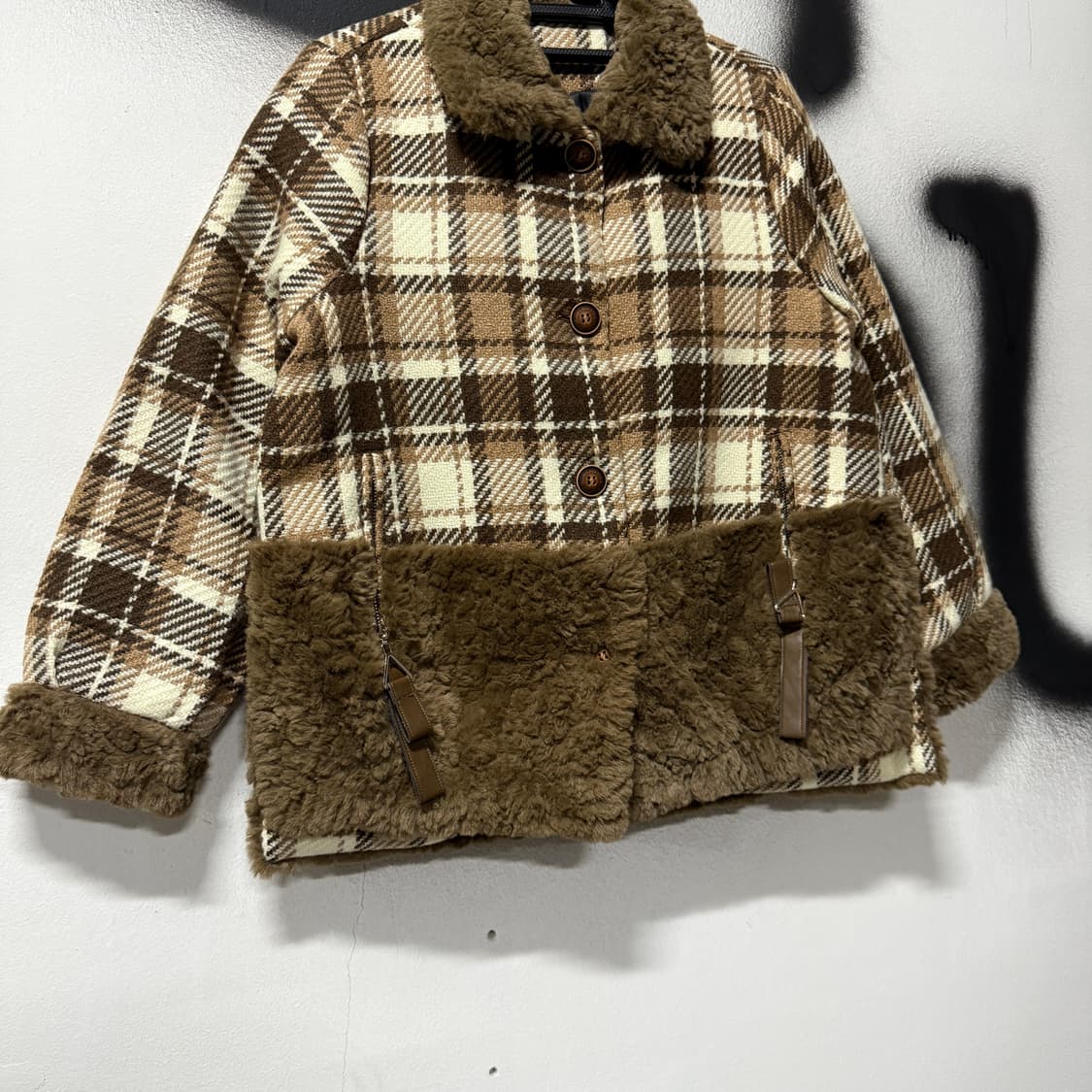 VTG 빈티지 모리 초코브라운 체크 패턴 퍼 코트 자켓 상품이미지4