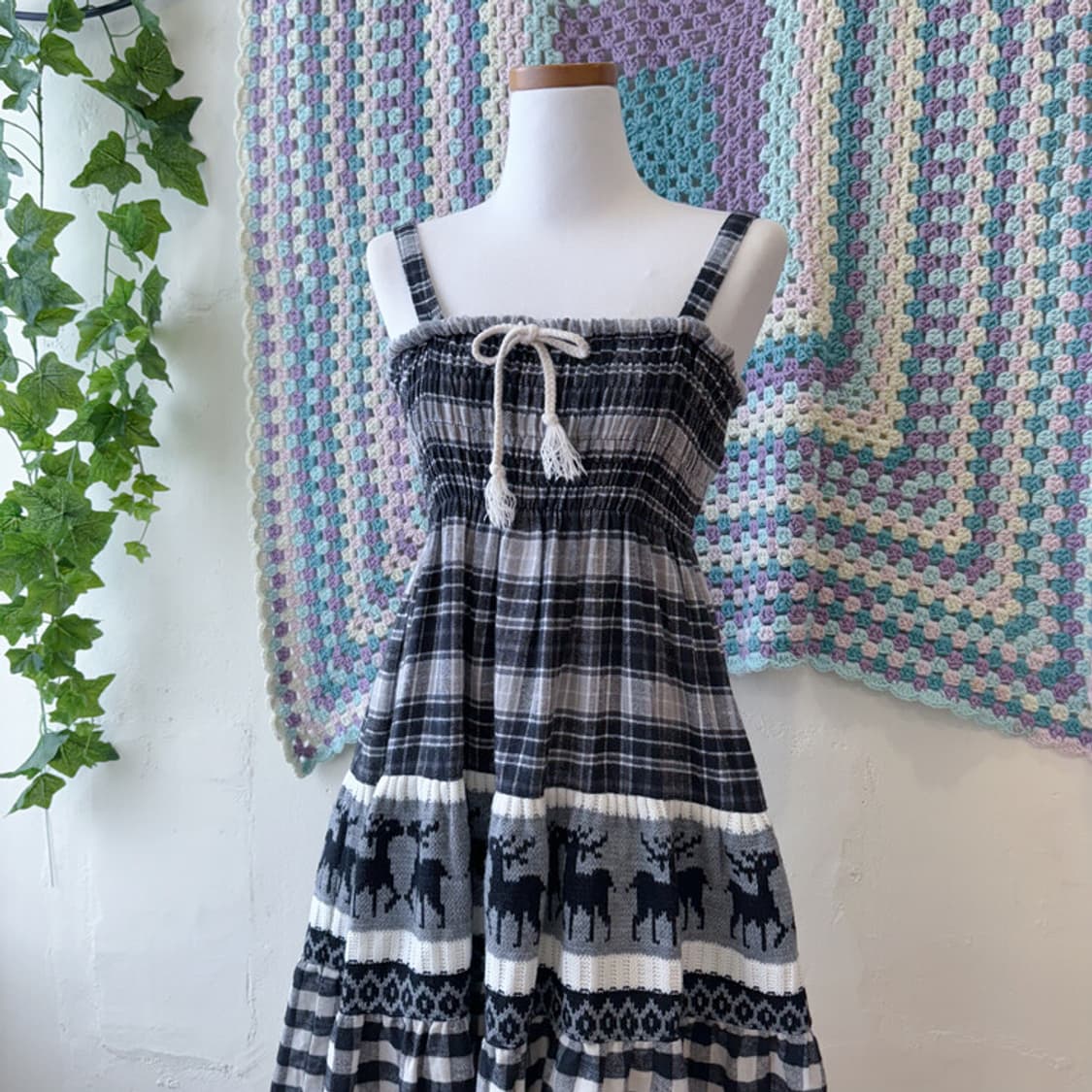 빈티지 니트 패치 체크 스커트 원피스 상품이미지8