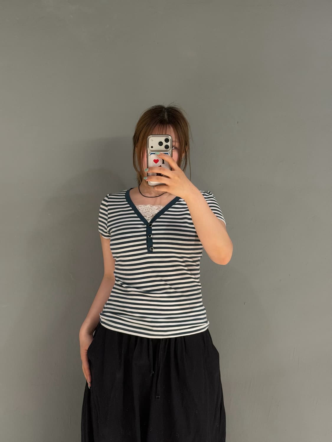 lace layered button-up stripe top 상품이미지2