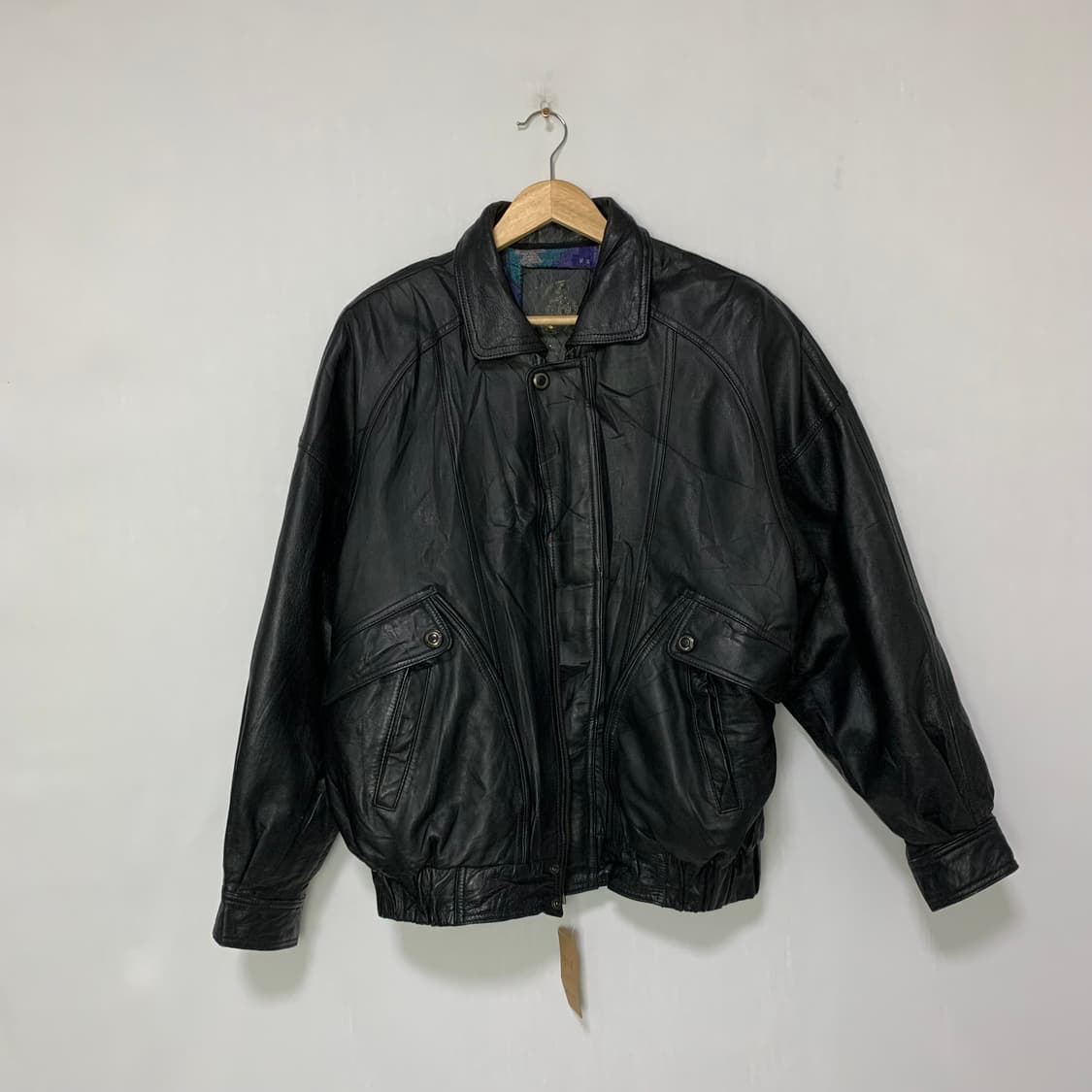 빈티지 블랙 양가죽 리얼레더 봄버 자켓 52사이즈 남녀공용 빈티지 상품이미지1