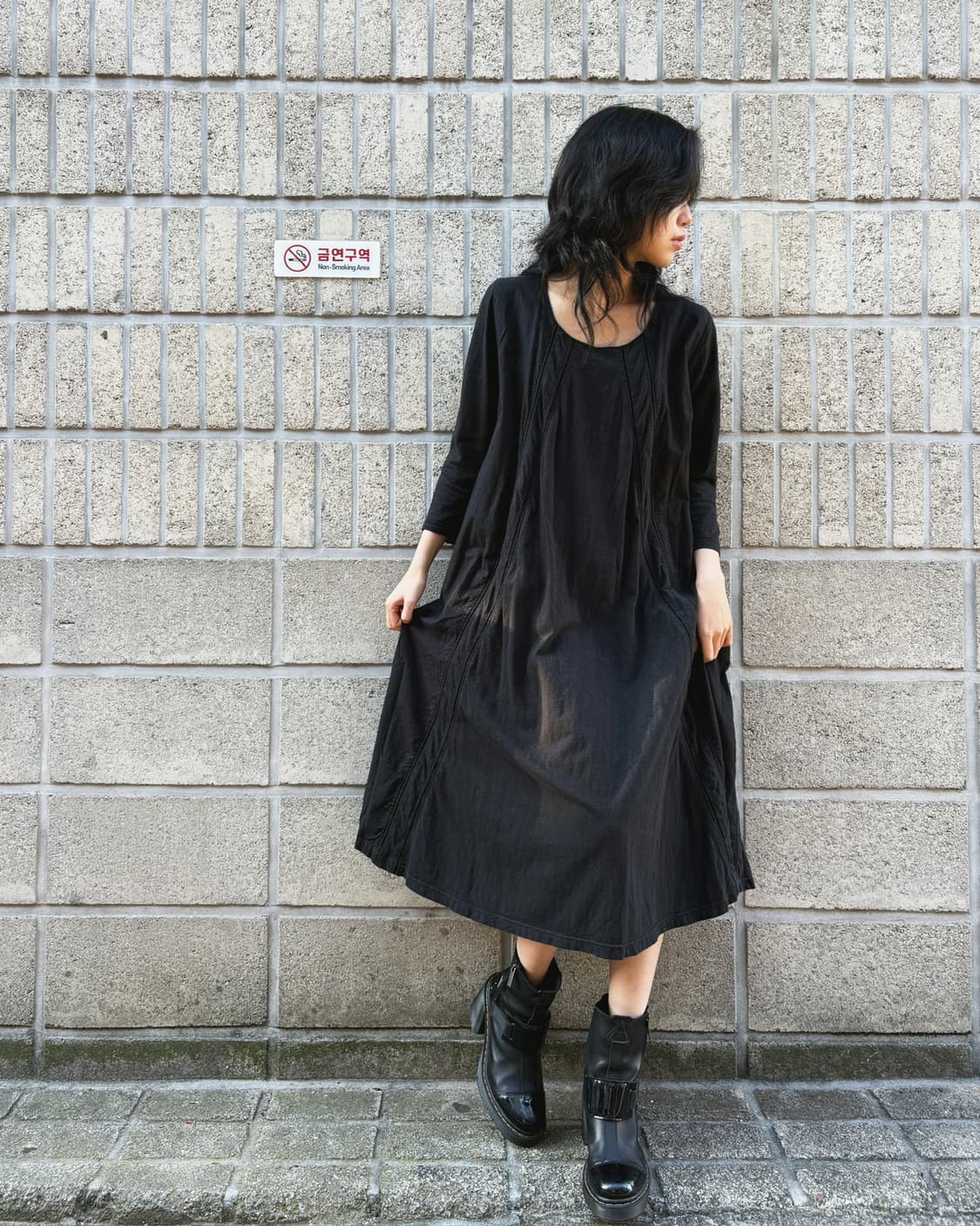 캐피탈 올 블랙 코튼 롱 원피스 상품이미지1