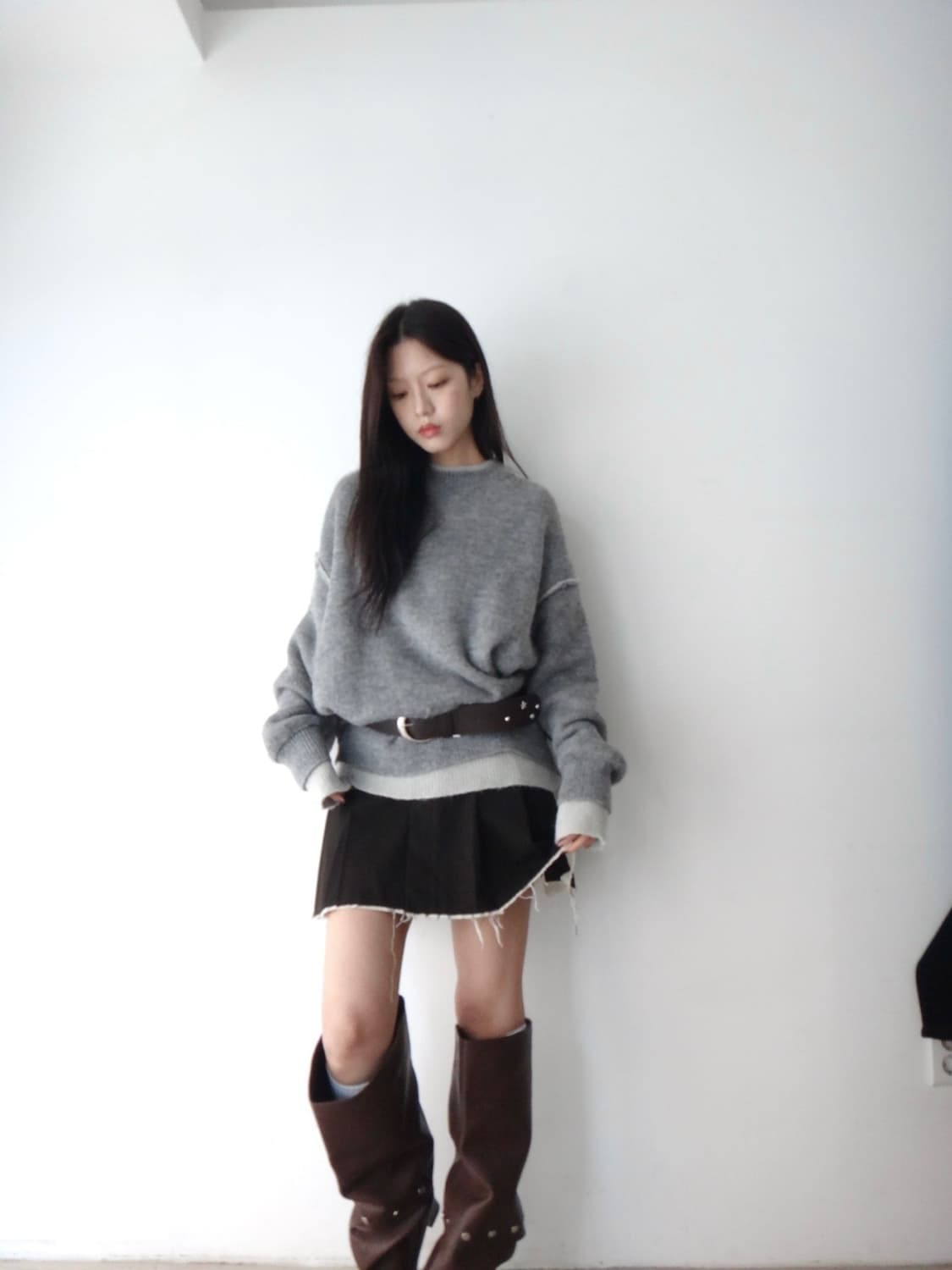 Heavy wool layered trimming knit / grey  상품이미지1