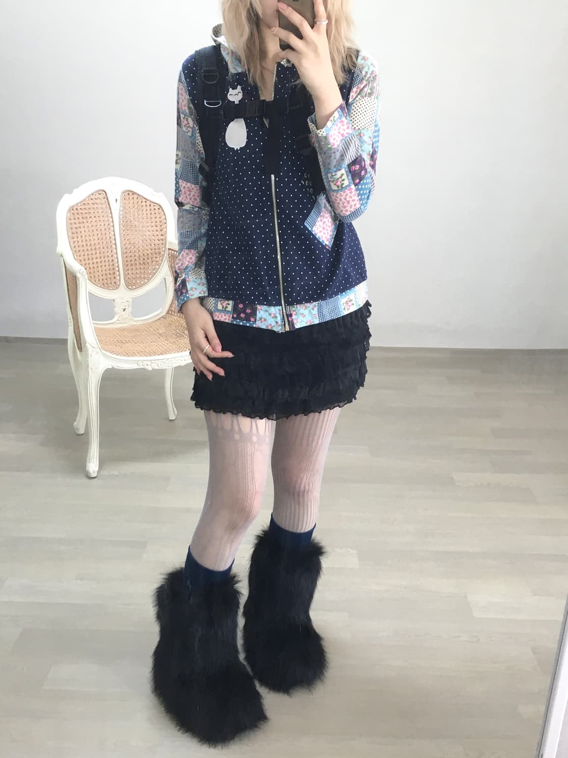 dot patchwork meow hood zip-up 상품이미지4