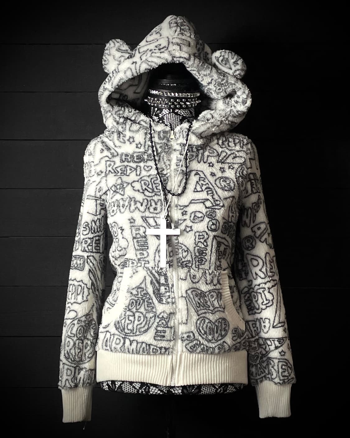 JPN 펑크 레터 퍼 아이보리 쿠마 곰 후드집업 상품이미지1