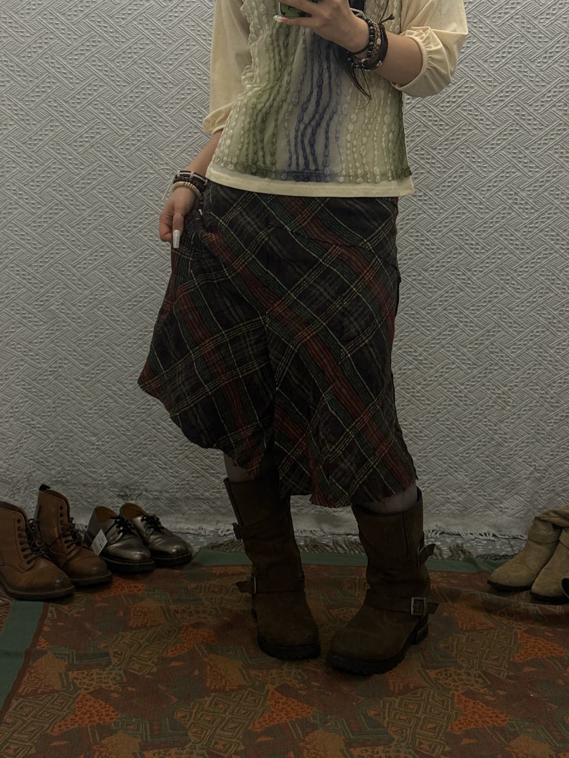 빈티지 컨트리 보헤미안 레트로 체크 언발 미디스커트 K0069 상품이미지1