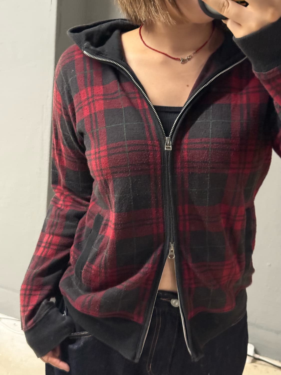 tartan check pattern 2-way hood zip-up 상품이미지2