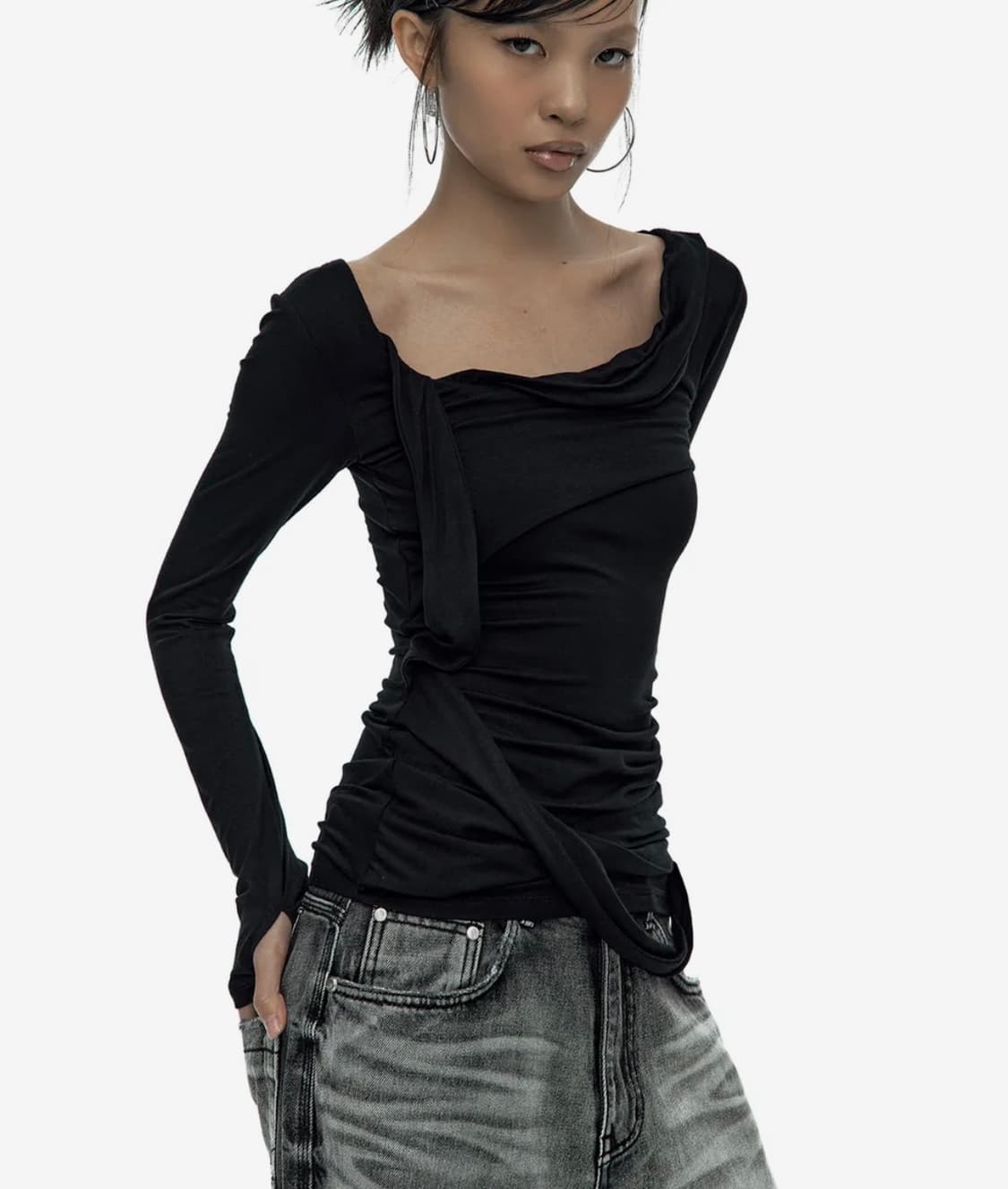 카시코 Drape Asymmetric Long Sleeve Black 상품이미지1
