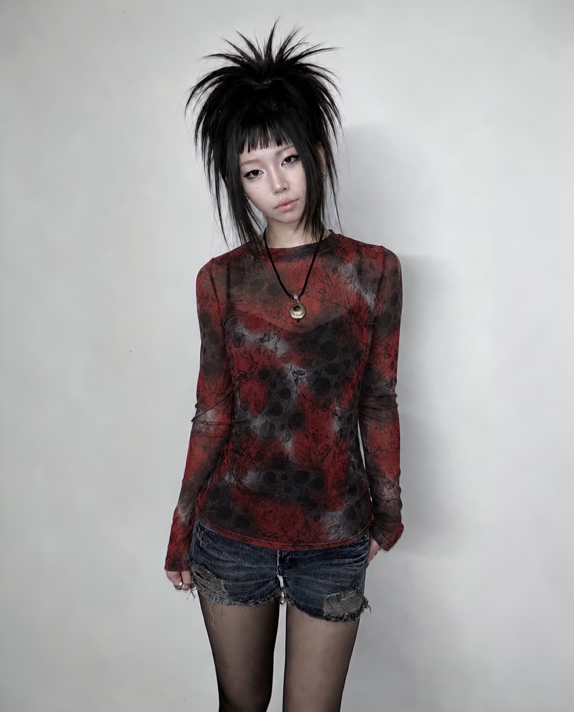 여름 레드 블랙 매쉬 티셔츠 상품이미지1
