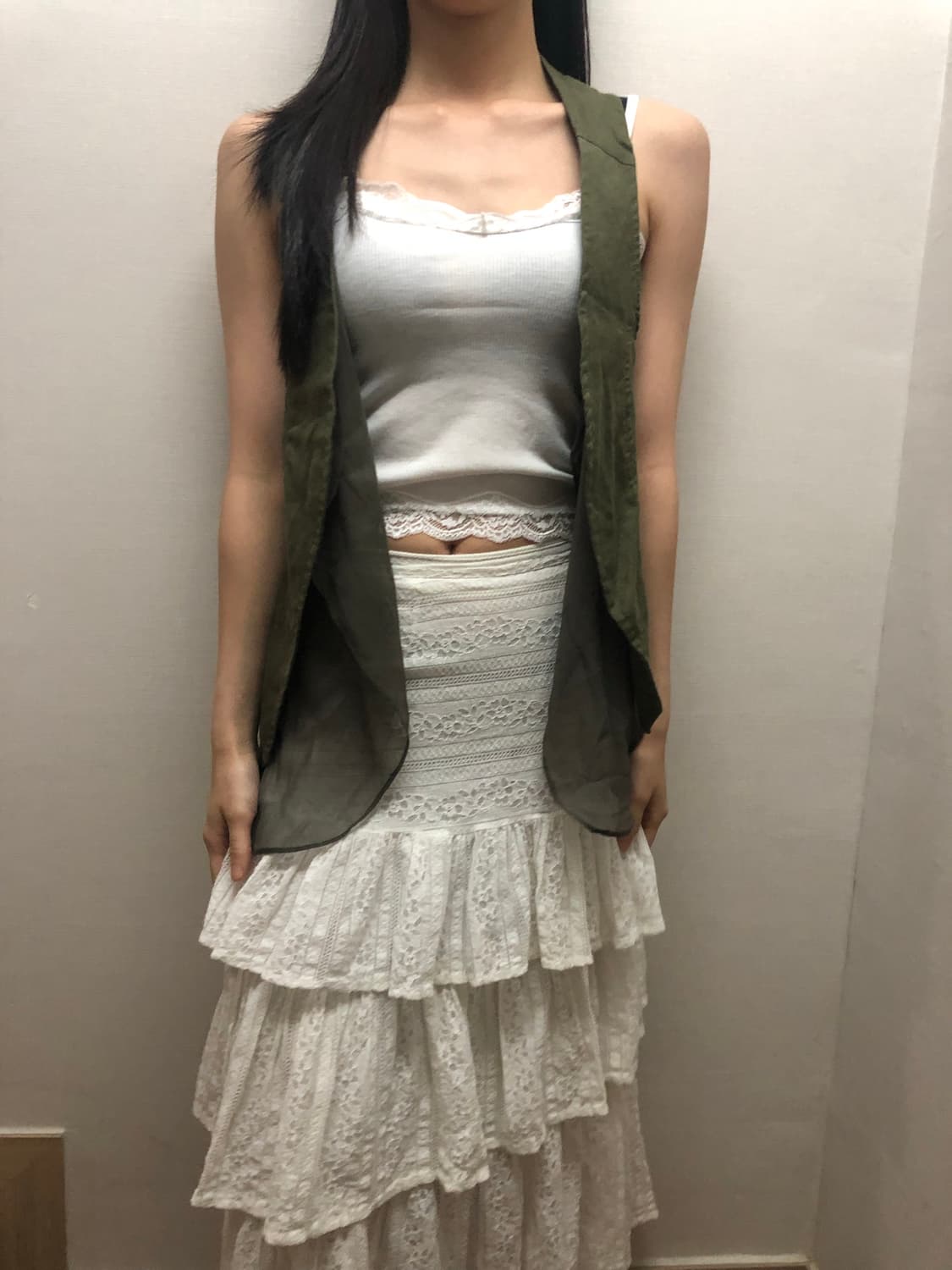 빈티지 카키 프릴 베스트 상품이미지1