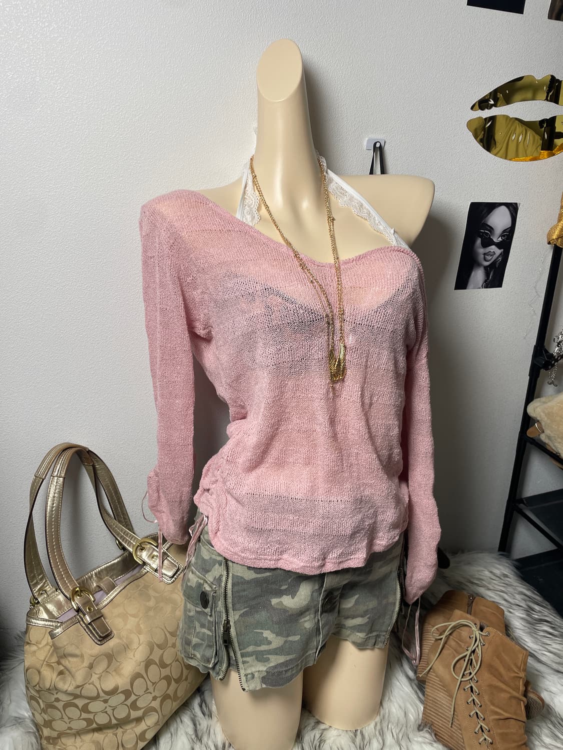 핑크 셔링 오프숄더 니트 상품이미지2