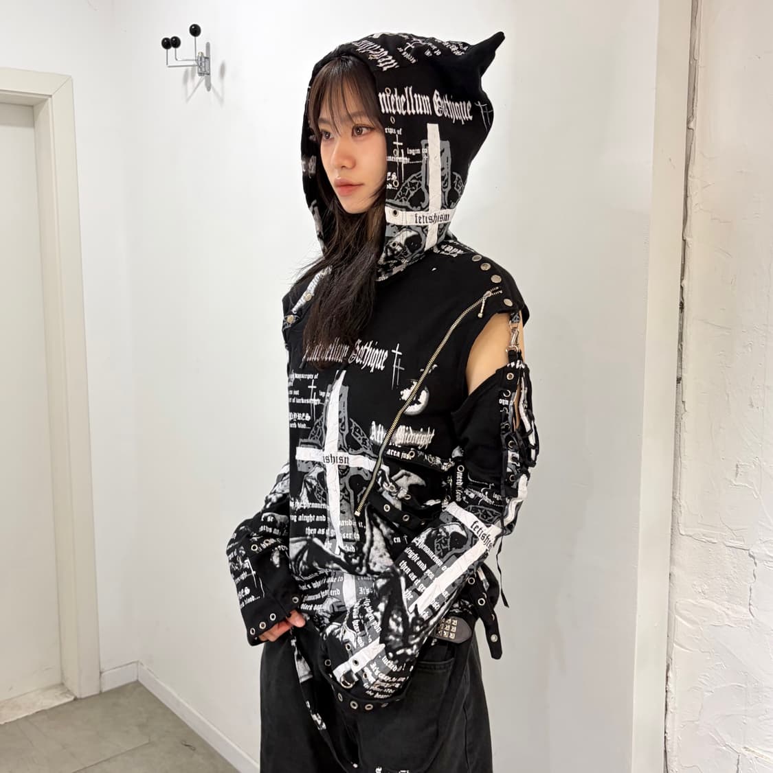 Y2k 매드 펑크맛 스컬 후드 티셔츠 상품이미지1