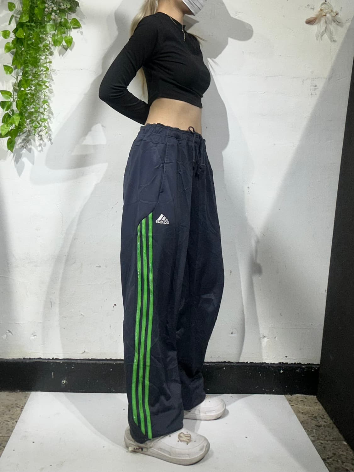 아디다스 네이비 그린 삼선 와이드 팬츠 M 상품이미지1