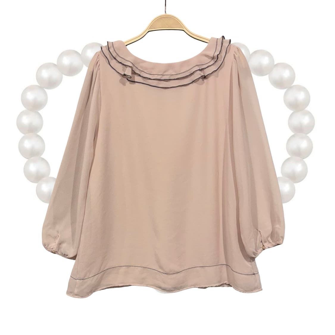 일본 빈티지 핑크 베이지 프릴 러플 블라우스 상품이미지3