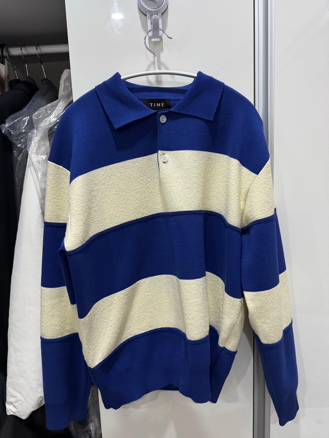 타임옴므 텍스처 블록 스트라이프 니트 탑 100사이즈 상품이미지1