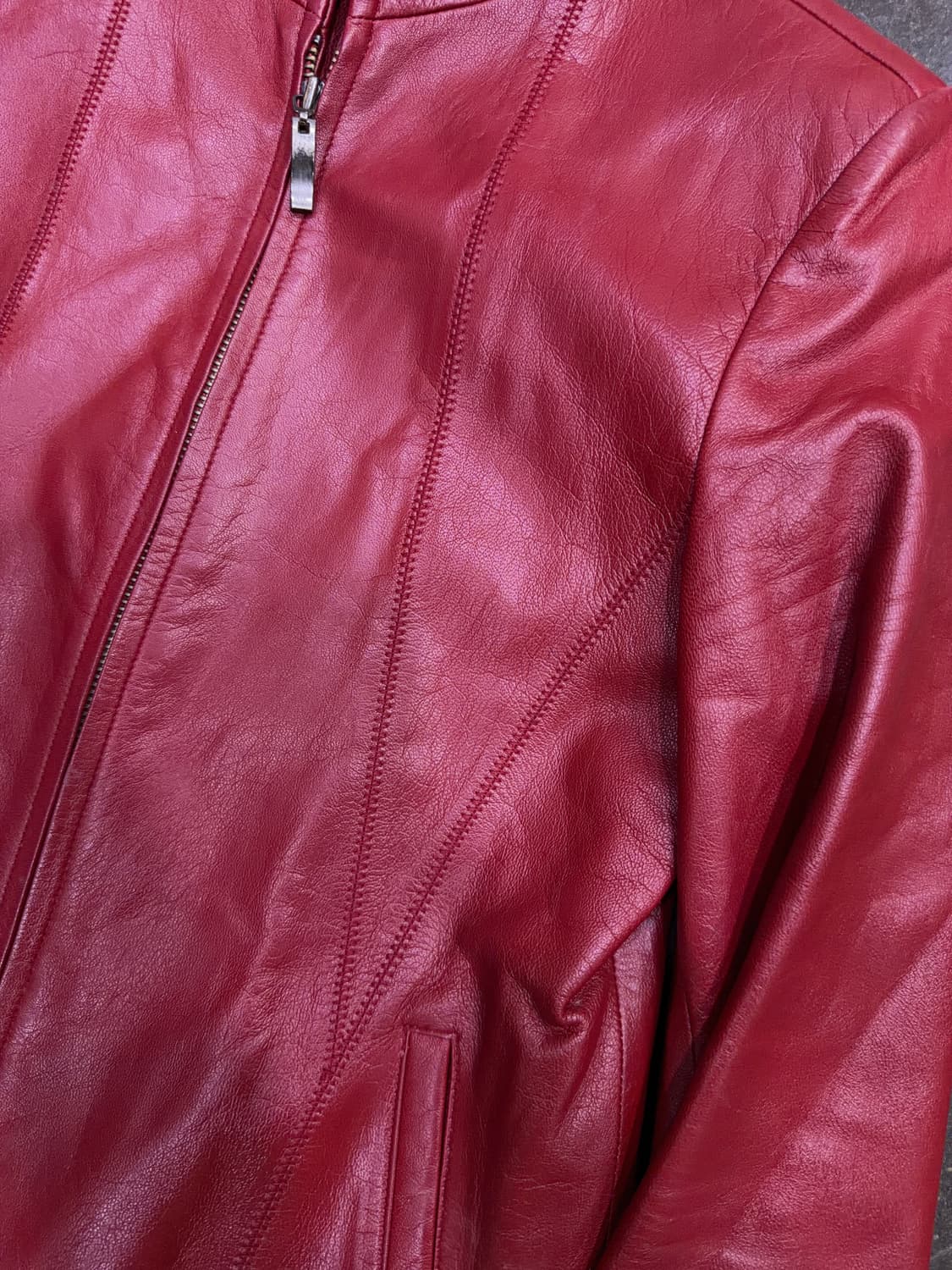 심플 싱글라이더 절개라인 양가죽 레더자켓 버건디 레드 66 상품이미지4