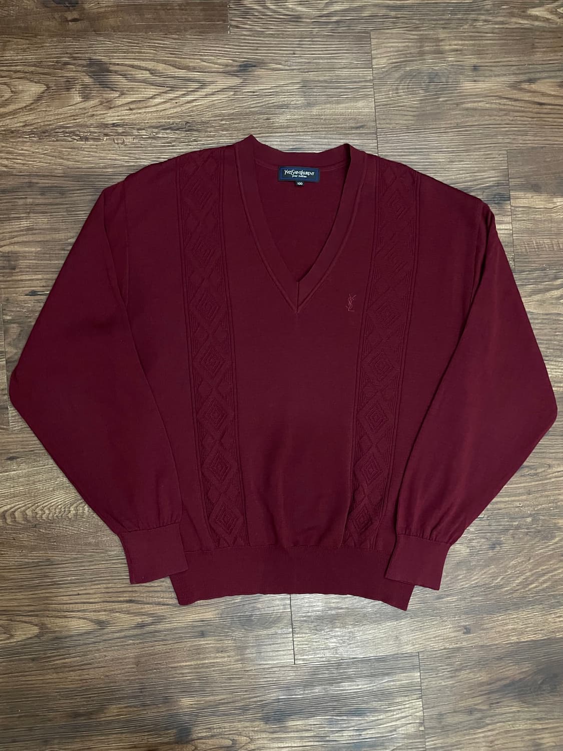 90s 입생로랑 YSL 자수로고 브이넥 니트 버건디 상품이미지3