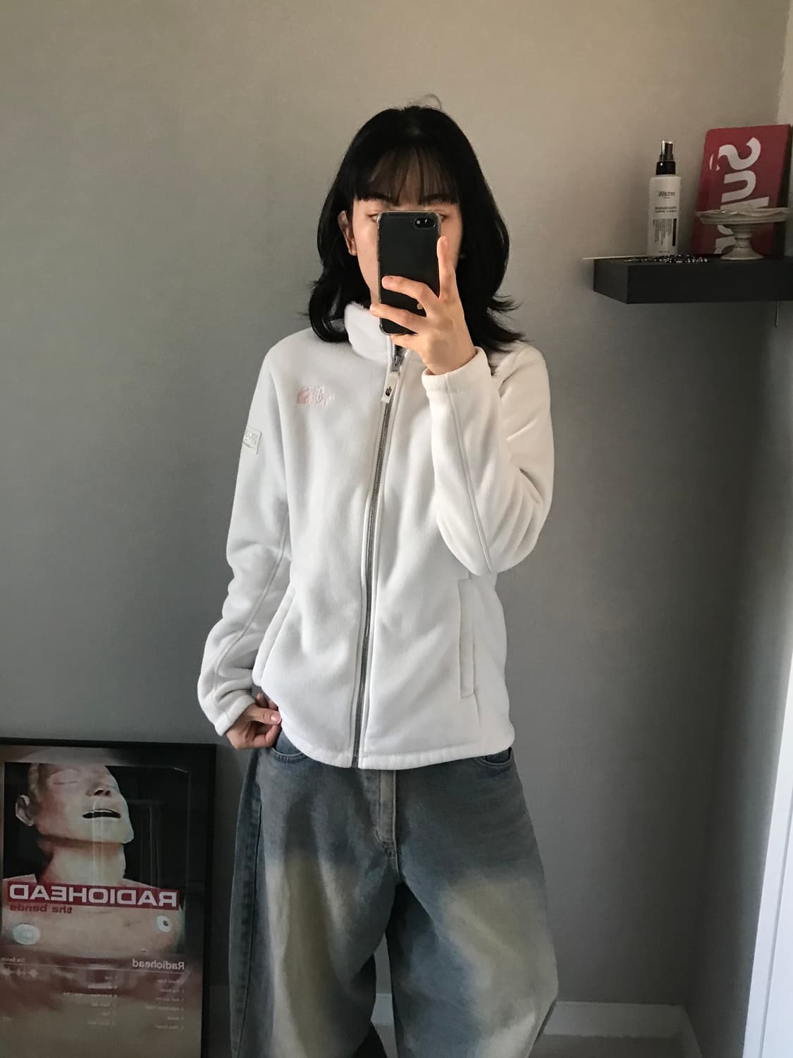 노스페이스 화이트라벨 핑크 로고 화이트 플리스 집업 상품이미지2