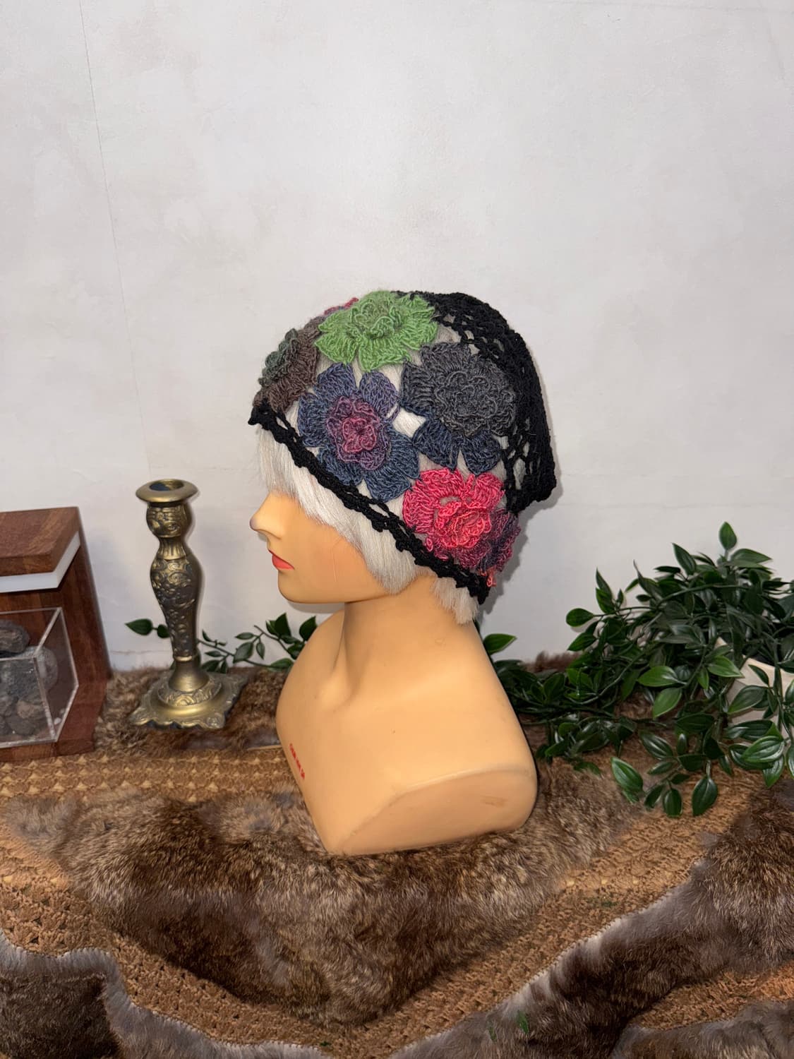 Black color mix flower crochet knit 비니 상품이미지2