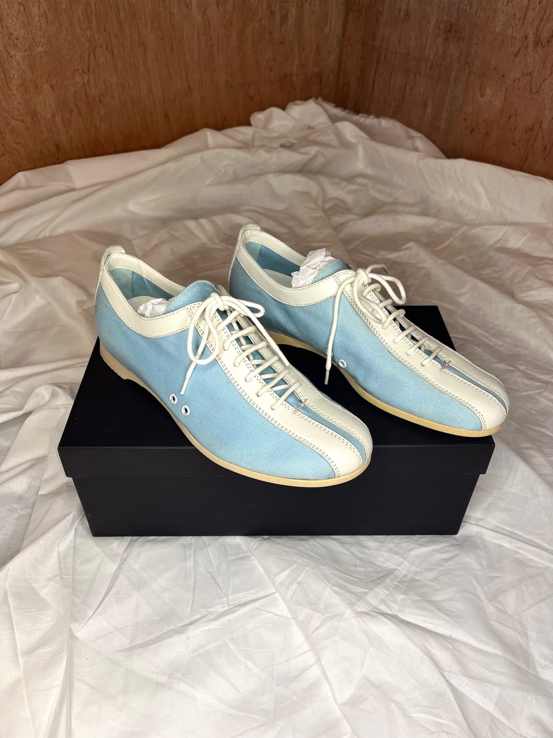 질 샌더 라이트 블루 캔버스 크림 레더 레이스업 스니커즈 상품이미지1