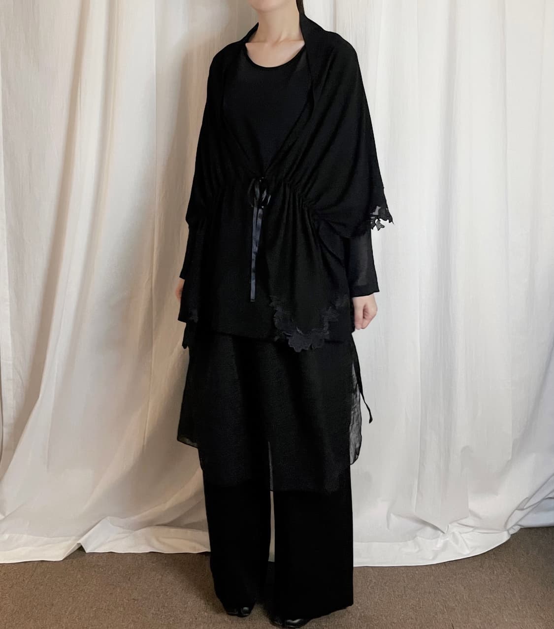 Floral Lace Trim Sheer Shawl Jacket 상품이미지1