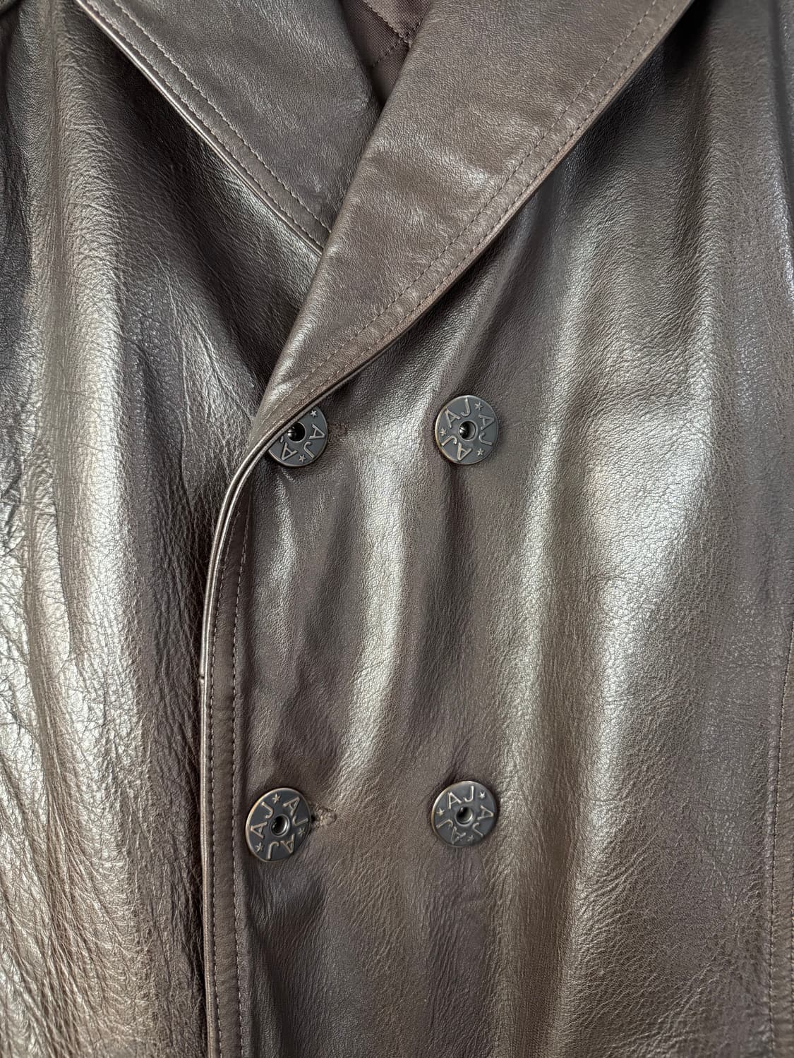 00s 아르마니 진스 더블 브레스티드 레더 하프 코트 상품이미지4