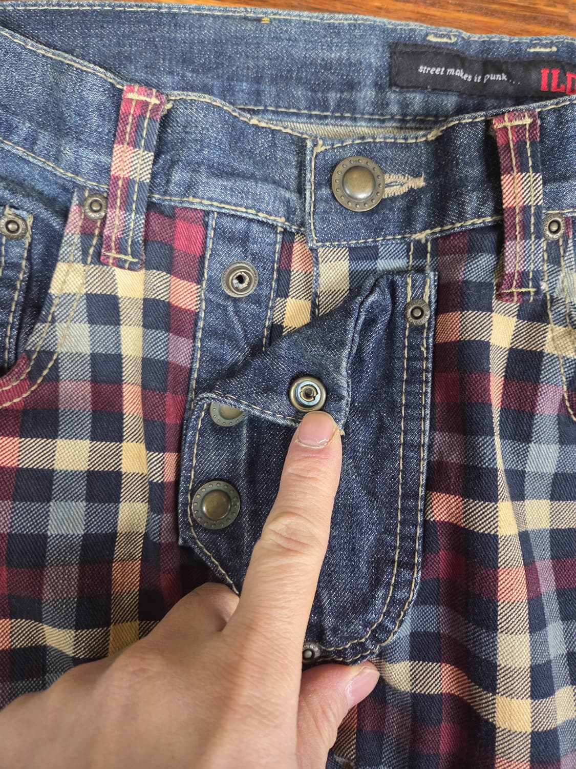 빈티지 idlf 패치워크 체크 데미지 데님팬츠 L 대략 34 상품이미지5