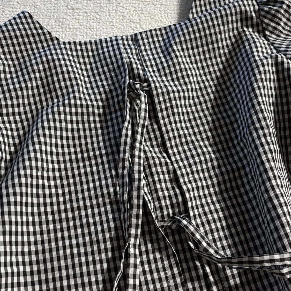 일본빈티지 블랙화이트 체크 스퀘어넥 반팔 탑 상품이미지4