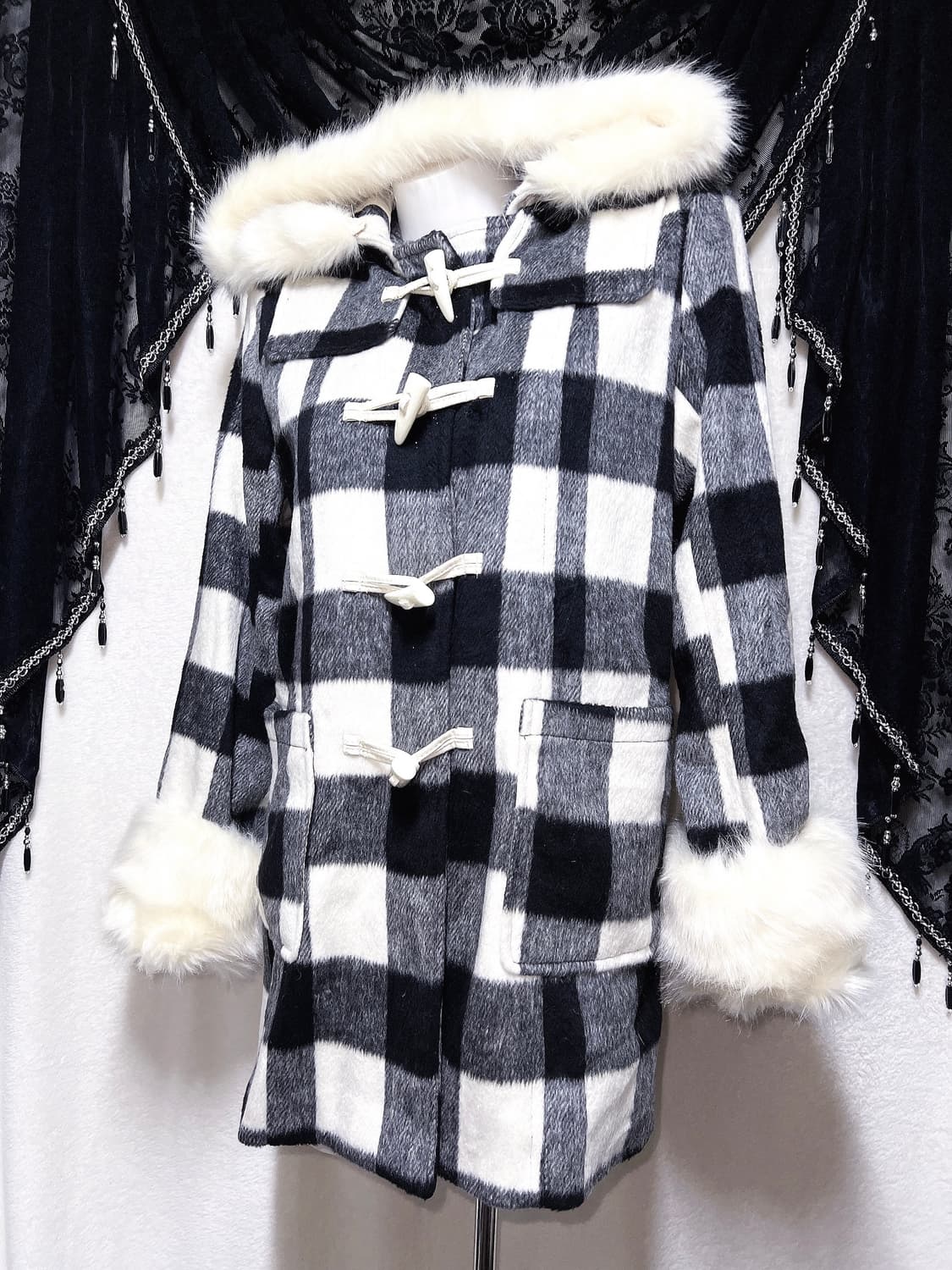 윈터페어리 로맨틱갸루 로걀 체크 퍼 후드 떡볶이코트 자켓 핀터 모리 라떼 상품이미지1