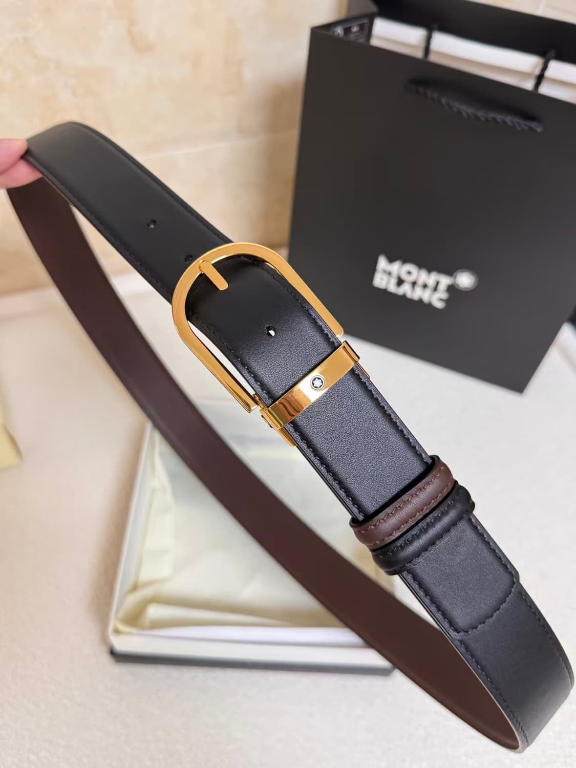 【정품】몽블랑 골드 버클 가죽 벨트 90cm/3.5cm 상품이미지5