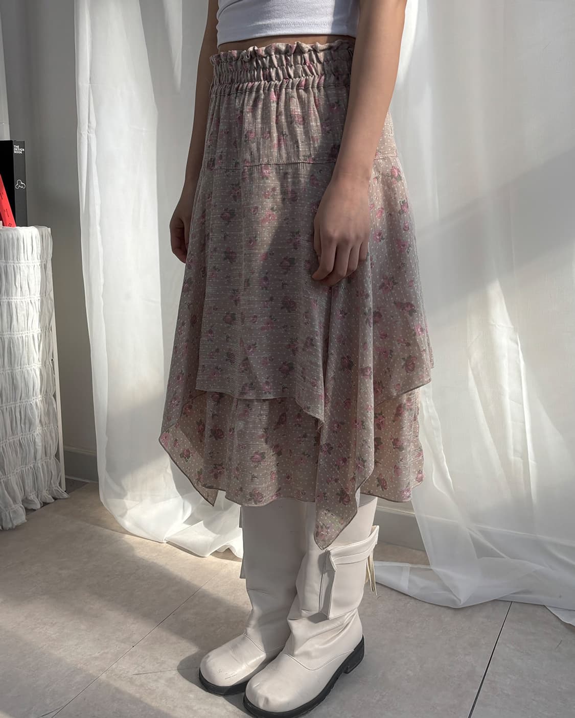 Sorridere 핑크 베이지 플로랄 언발 미디스커트 상품이미지7