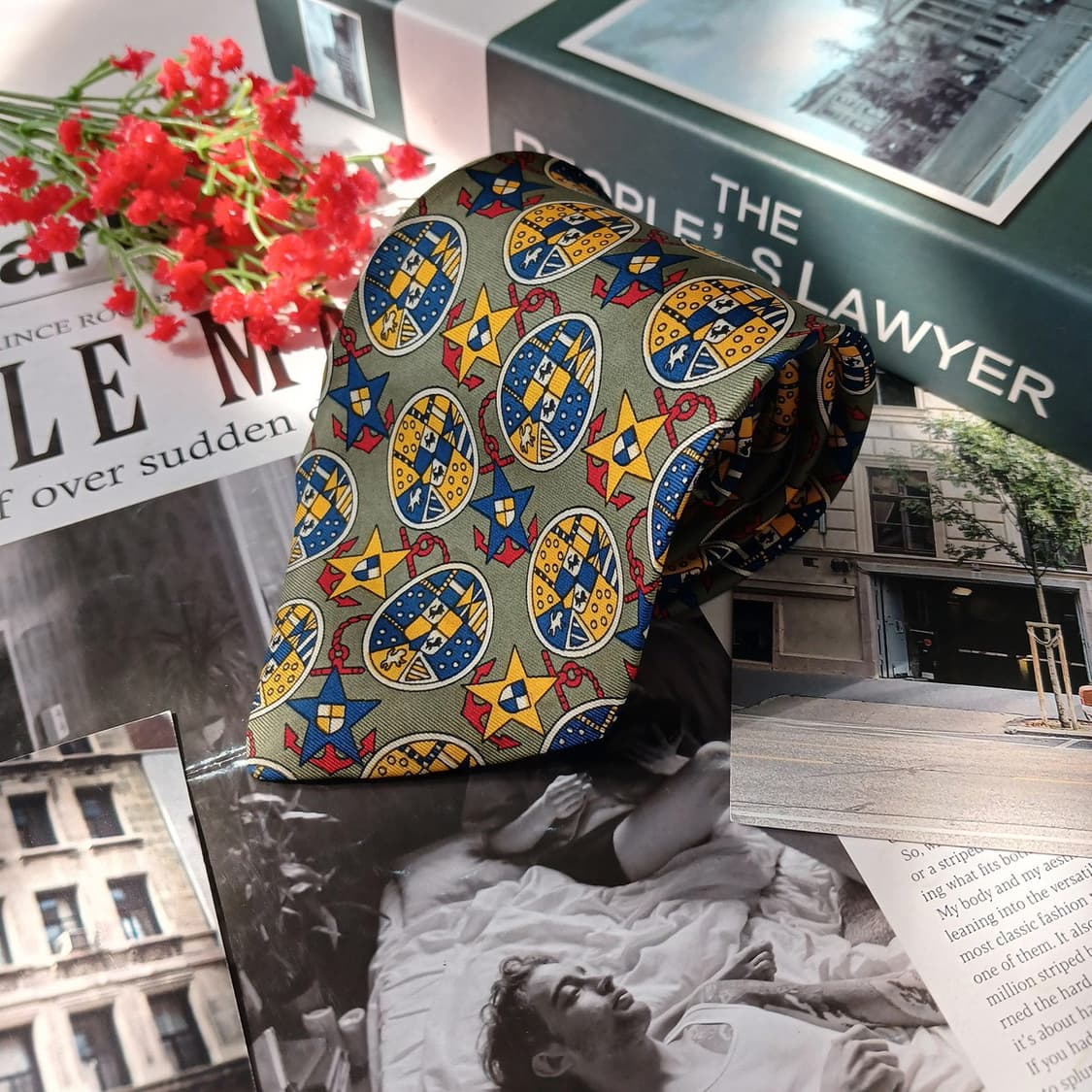 버버리 실크 올리브그린 문장 패턴 넥타이 9.6cm A등급 E771 상품이미지4