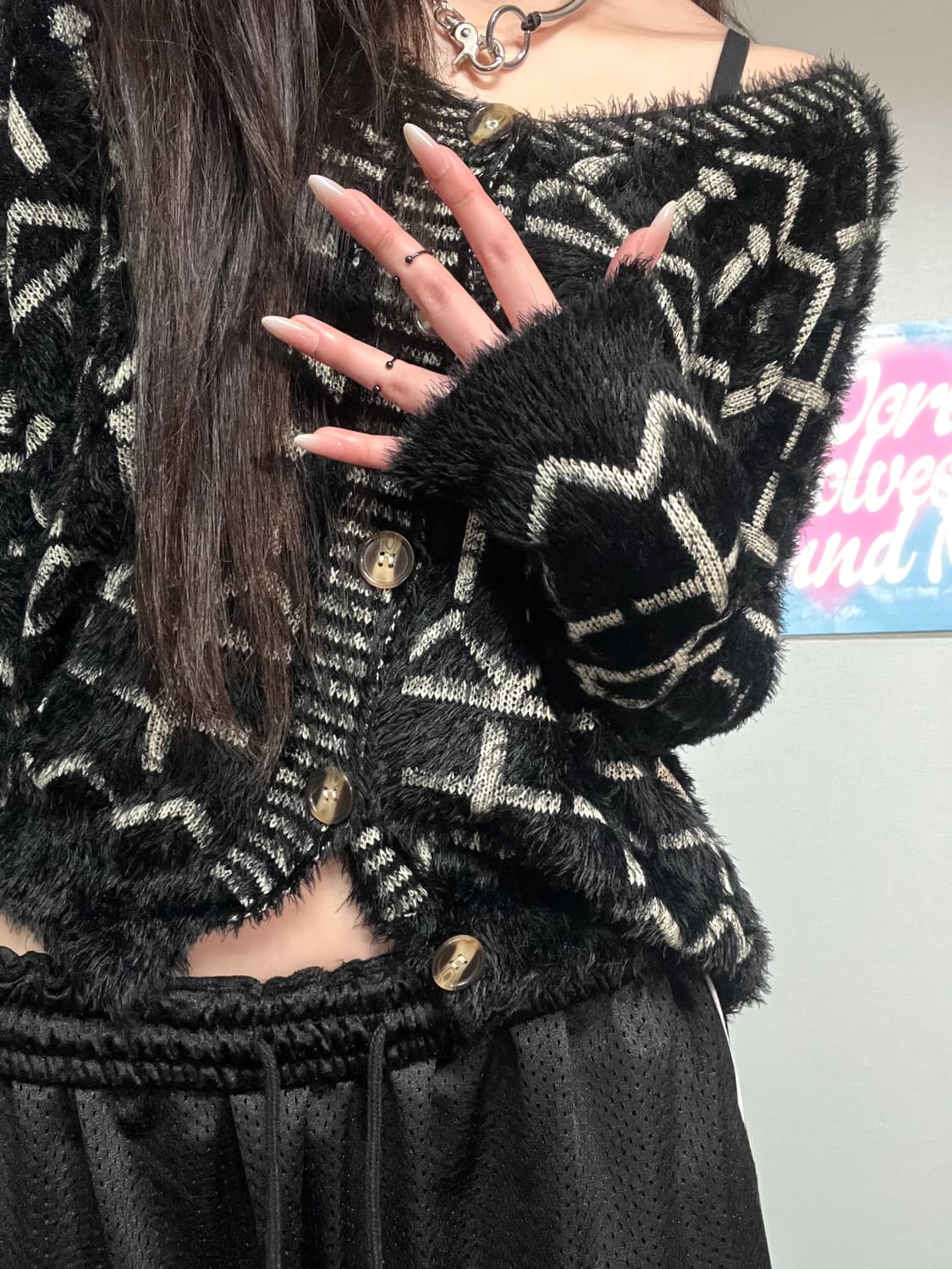 고딕 락 펑크 십자가 퍼 블랙 가디건 상품이미지6