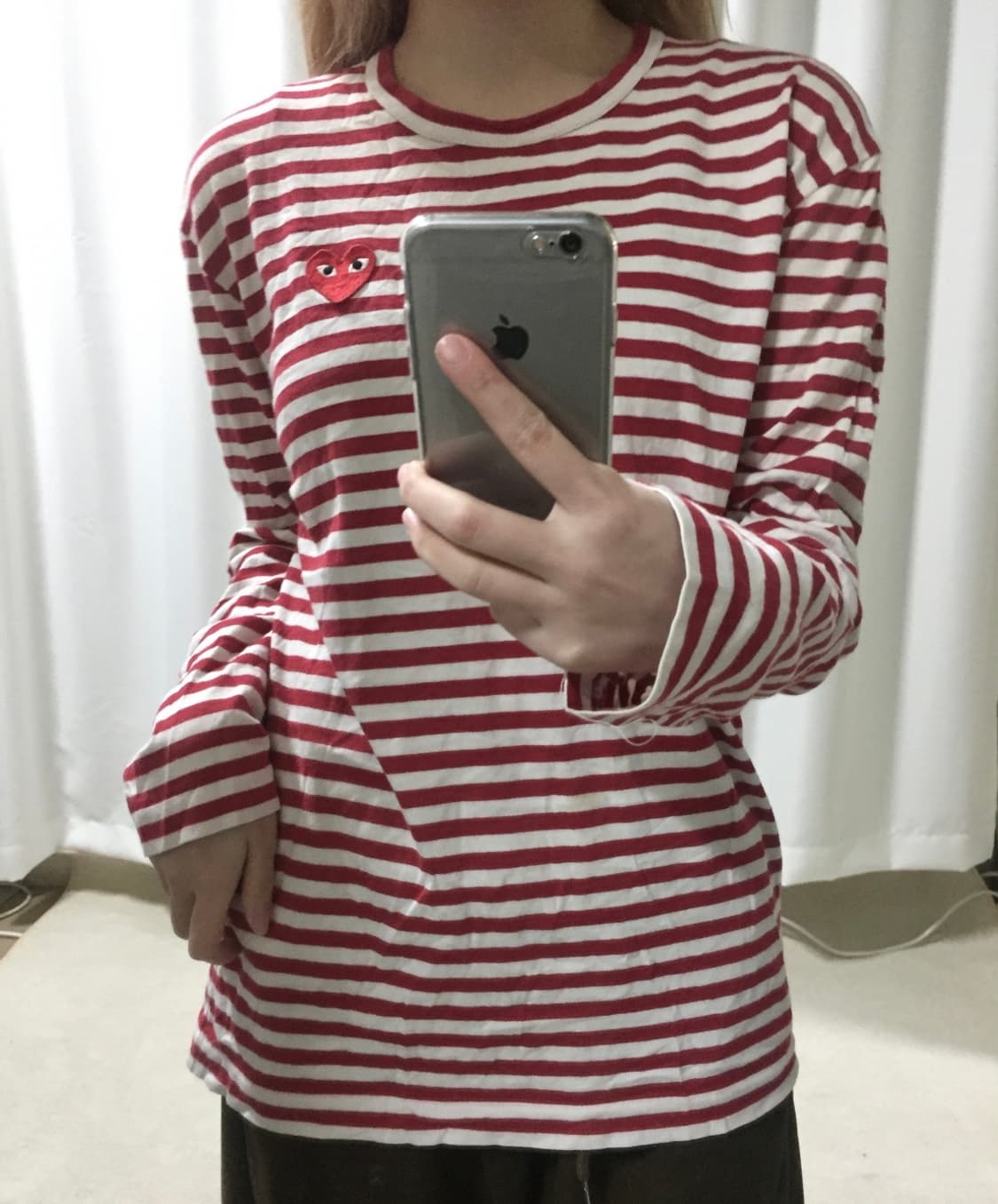 꼼데가르송 레드 스트라이프 단가라 긴팔 롱슬리브 티셔츠 상품이미지1