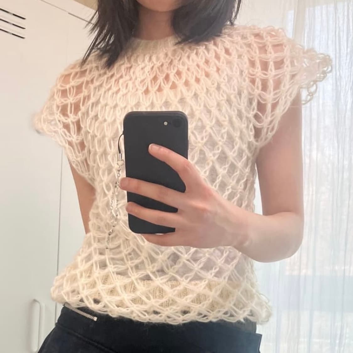 아이보리 반팔 그물 니트 상품이미지1