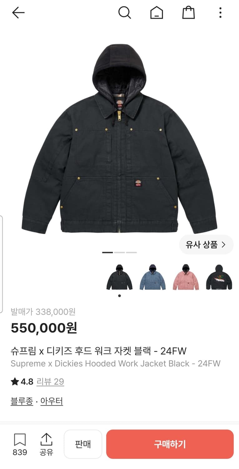 슈프림 X 디키즈 후드 워크 자켓 블랙 24FW 상품이미지9