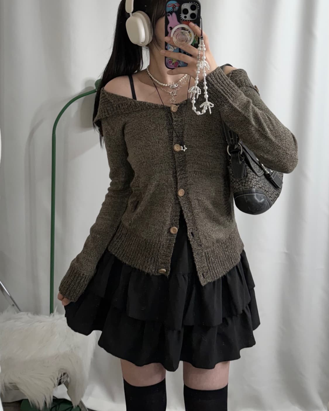 브라운 우드 버튼 빅 카라 가디건 상품이미지3