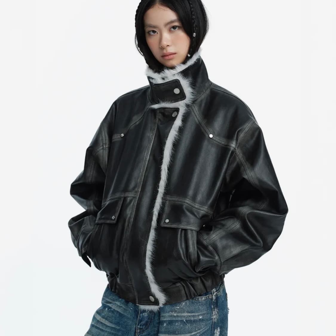 러프넥 무스탕 그레이 S 상품이미지1