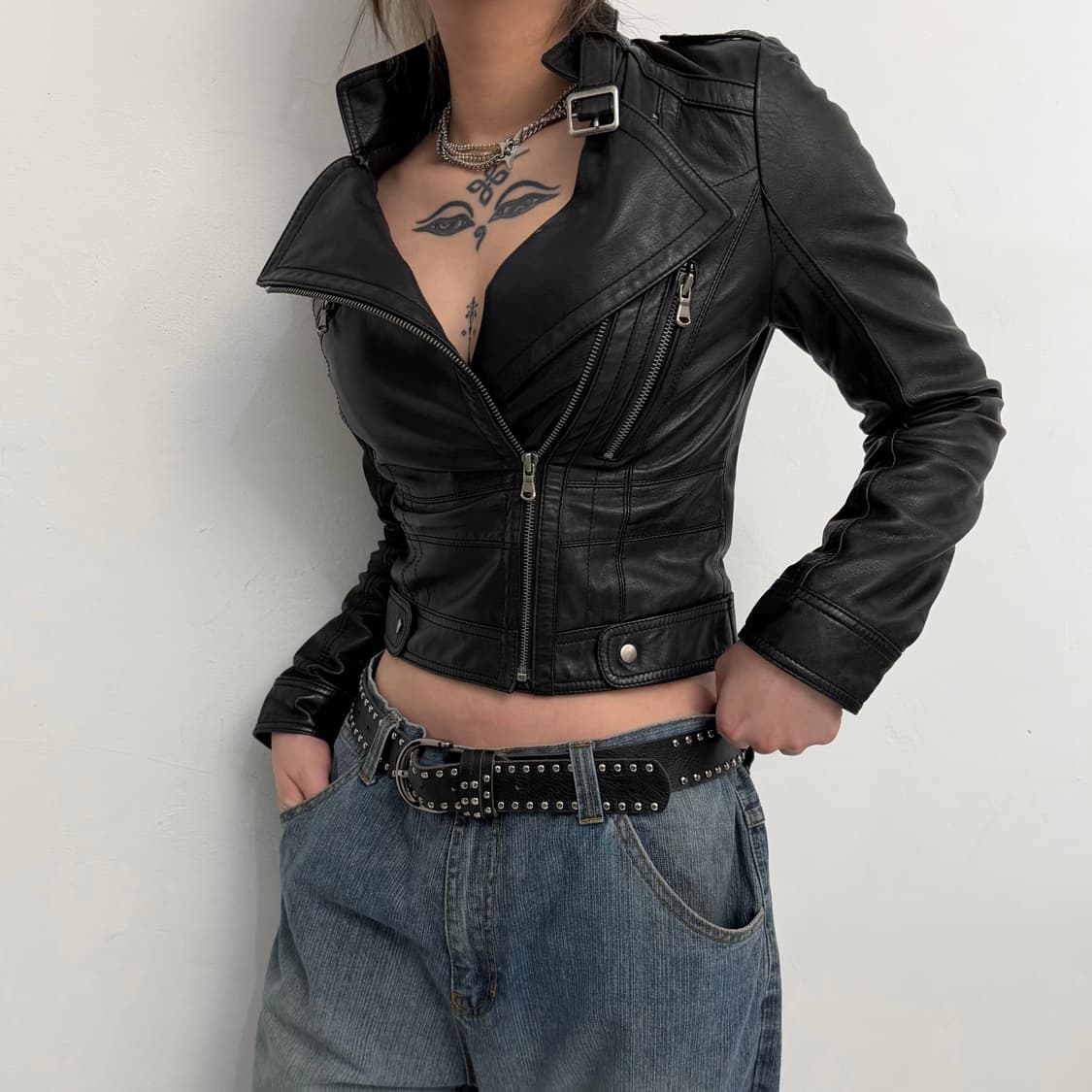 블랙 슬림 레더 라이더 자켓 상품이미지1