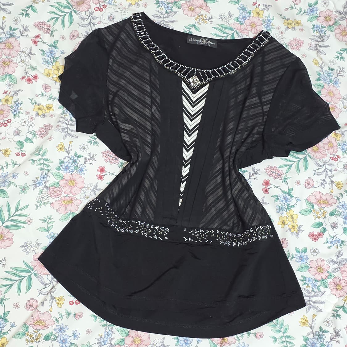 **서비스) 빈티지 블랙 글리터 비즈큐빅 고딕 반팔블라우스 상품이미지3