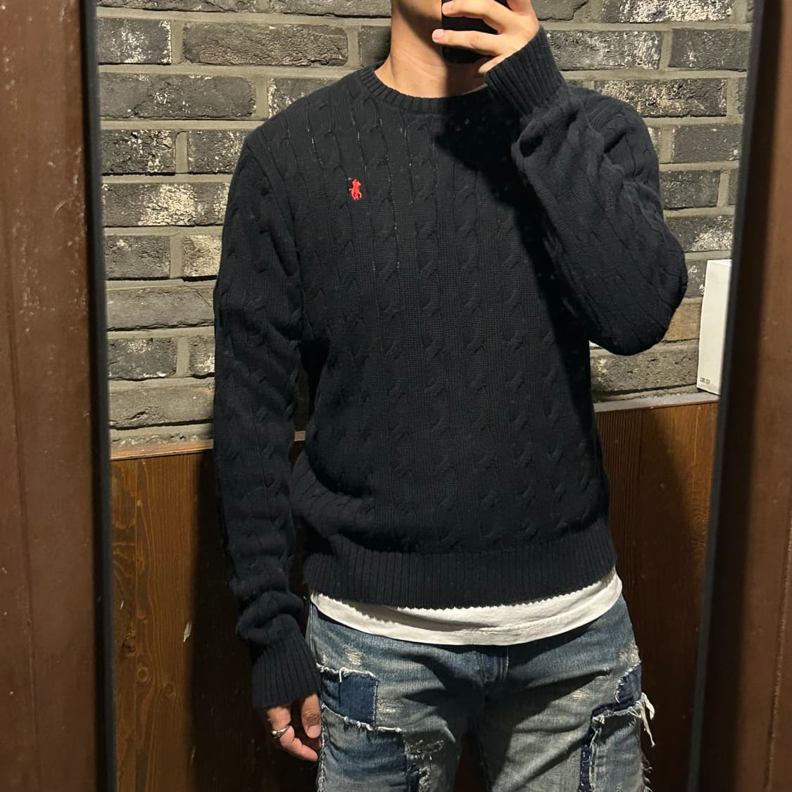L) 폴로 랄프로렌 코튼 케이블 꽈배기 라운드넥 니트 블랙 상품이미지1