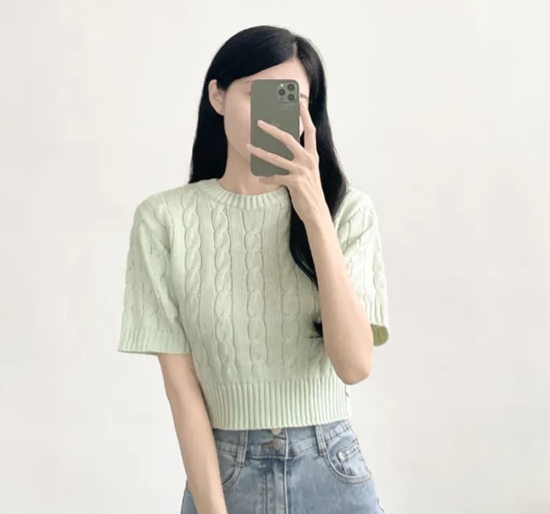케이블 니트 반팔 스웨터 민트 상품이미지1