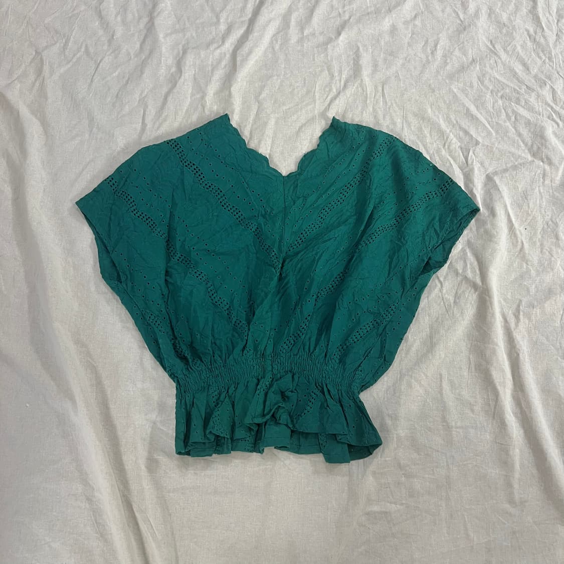 청록 펀칭 레이스 크롭 반팔 블라우스 하구미 모리걸 상품이미지3