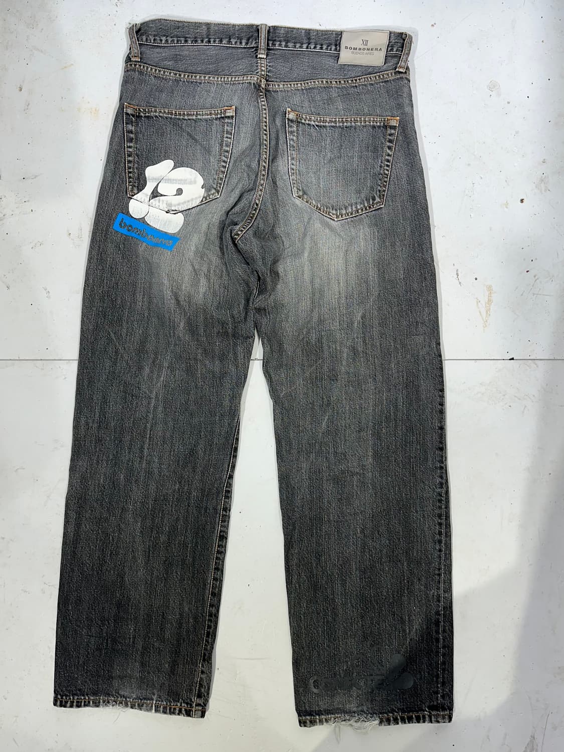 일본 빈티지 흑청 캣 워싱 와이드 프린팅 데님 청바지  상품이미지5