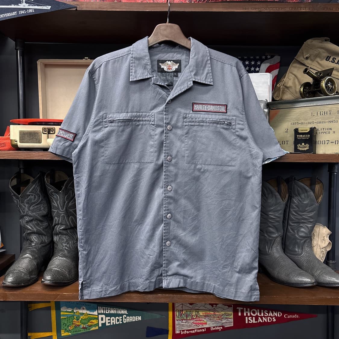 00s 할리데이비슨 레터링바 오픈윙 자수 지퍼포켓 개러지셔츠 N1185 상품이미지1