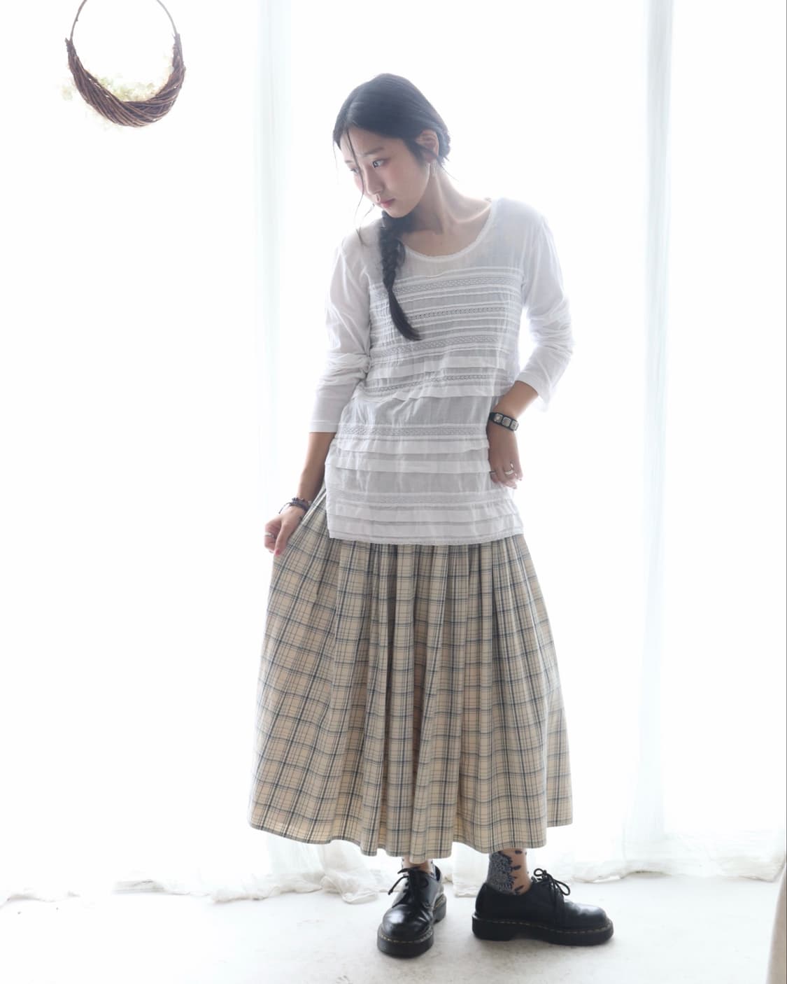 [45rpm] Blue Check Gather Flare Skirt 상품이미지7