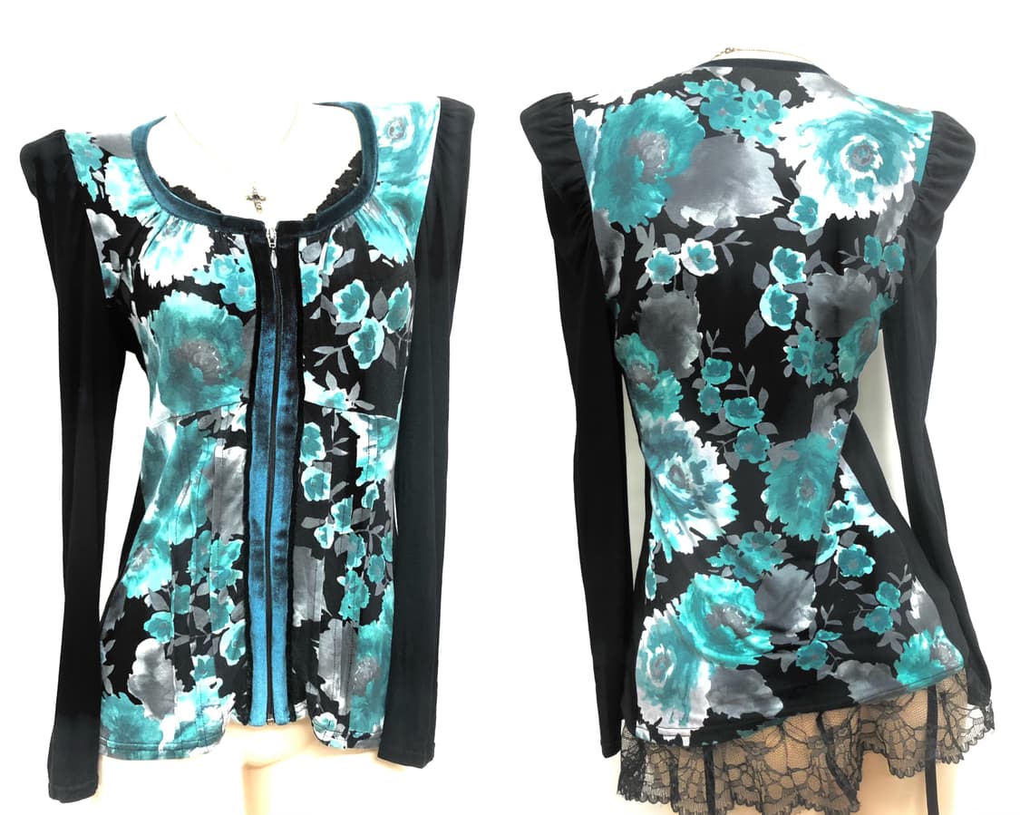 teal floral velvet zip up long sleeve 상품이미지1