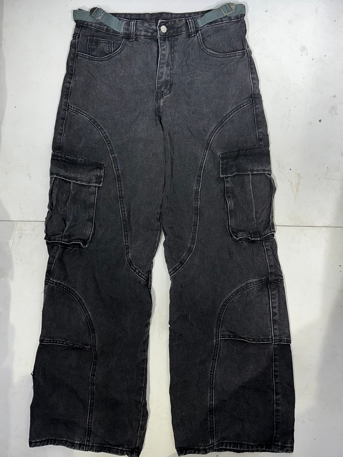 빈티지 빅 포켓 와이드 흑청 카고 바지 스트릿 힙합 팬츠 S 상품이미지4