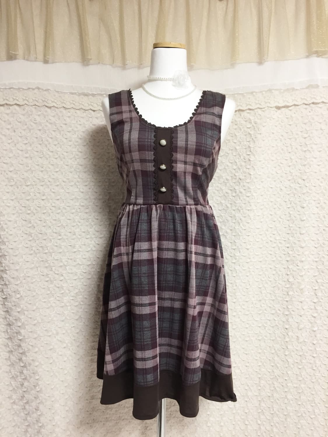 빈티지 엑시즈팜 체크 리본 원피스 상품이미지2