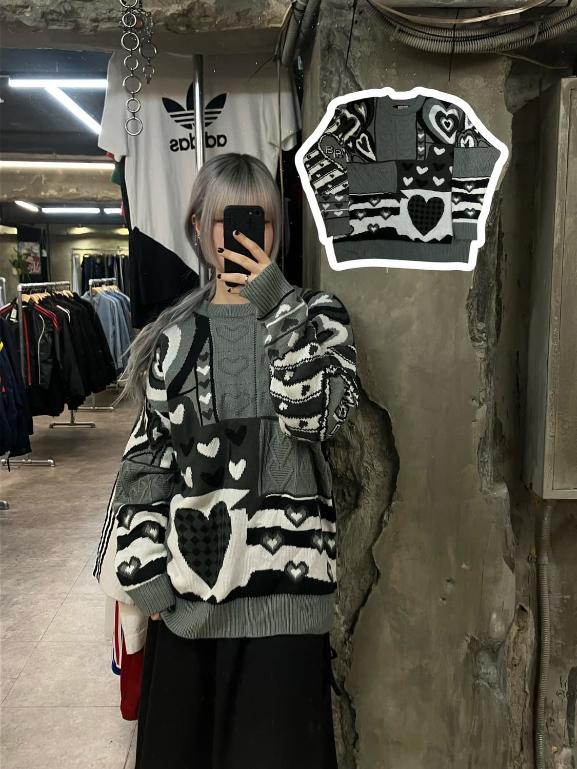 YWFG 빈티지 하트 패치워크 니트 그레이 #csz2622 상품이미지1